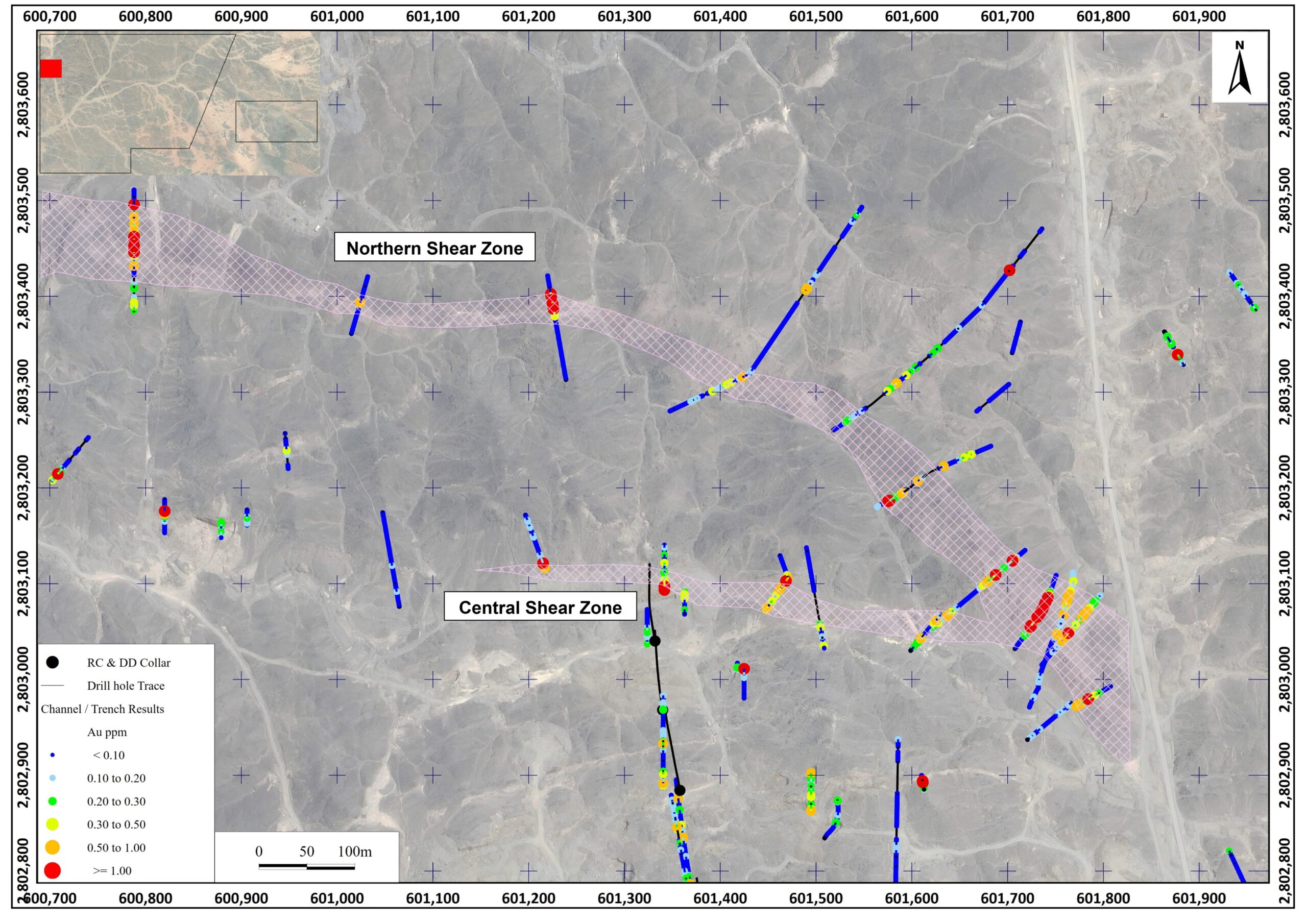 Umm Bisillah North trench and channel results, showing mineralization over 1 km on surface